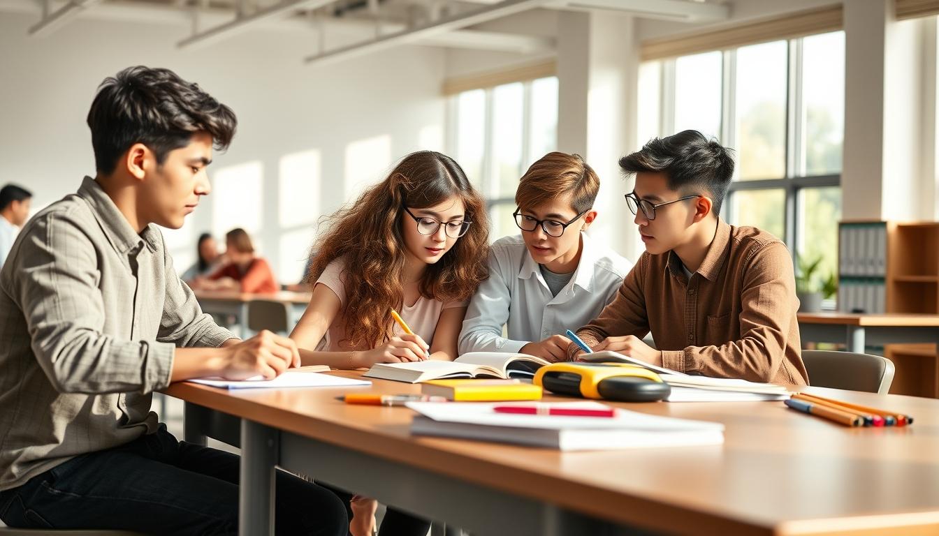 Students studying together in modern classroom